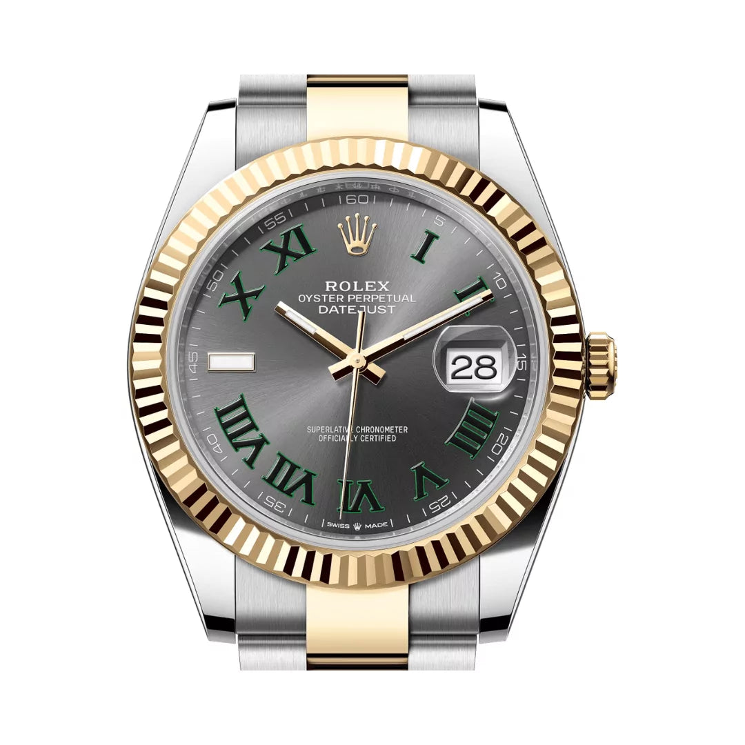 Rolex Datejust Oystersteel 18kt Yellow Gold Green Numerals 41mm Grey Dial Mens Watch