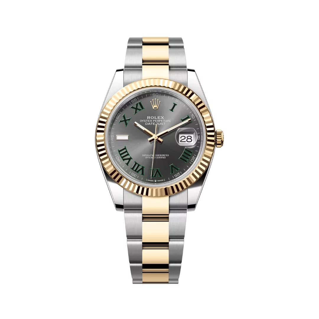 Rolex Datejust Oystersteel 18kt Yellow Gold Green Numerals 41mm Grey Dial Mens Watch
