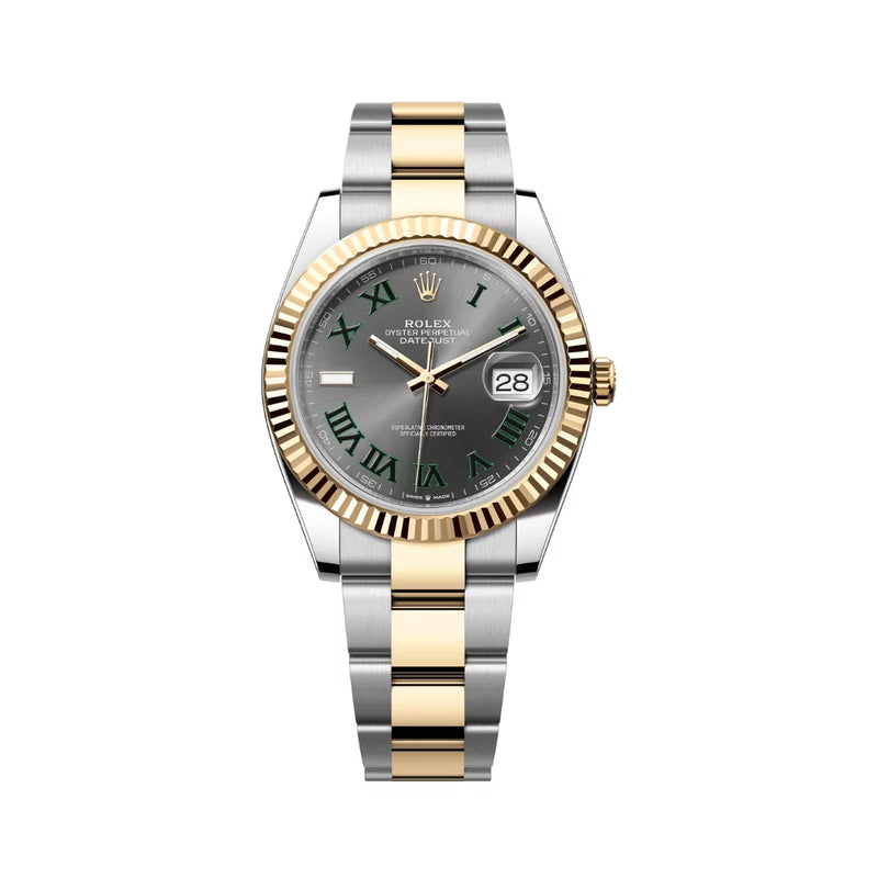 Rolex Datejust Oystersteel 18kt Yellow Gold Green Numerals 41mm Grey Dial Mens Watch
