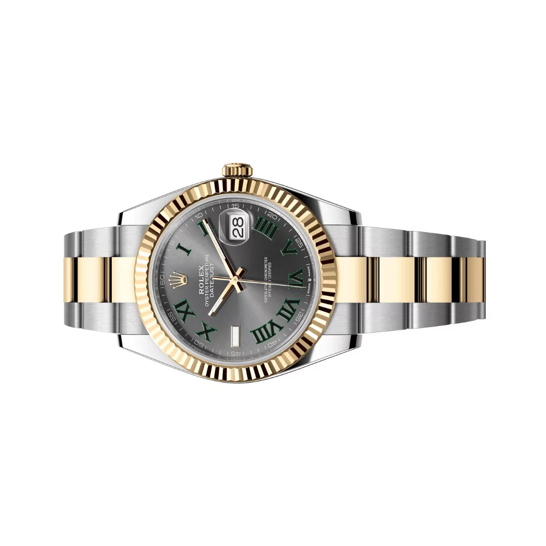 Rolex Datejust Oystersteel 18kt Yellow Gold Green Numerals 41mm Grey Dial Mens Watch