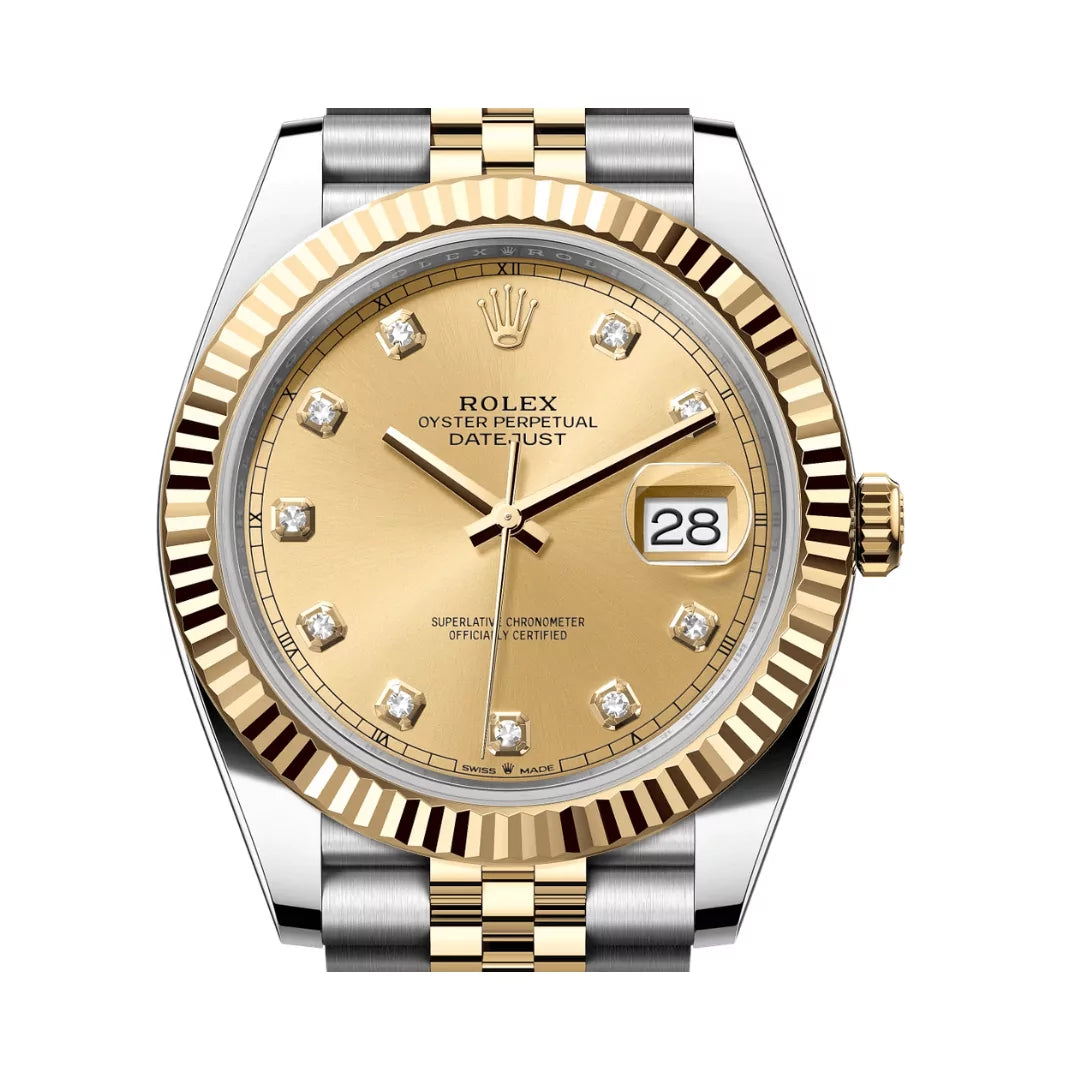 Rolex Datejust Oystersteel 18kt Yellow Gold Diamond Numerals 41mm Champagne Dial Mens Watch