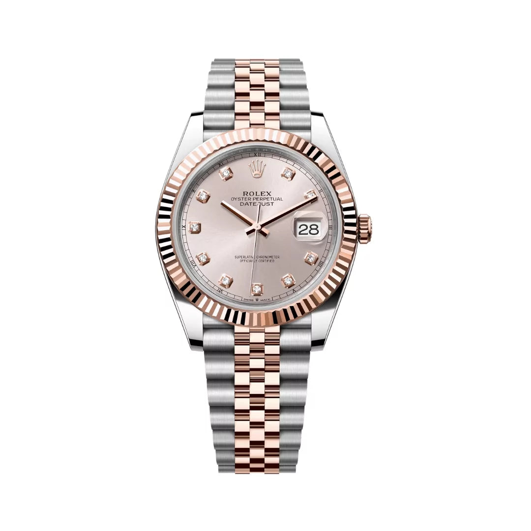 Rolex Datejust Oyster Perpetual 18K Everose Gold 41Mm Sundust Dial Diamond Markers Men’s Watch