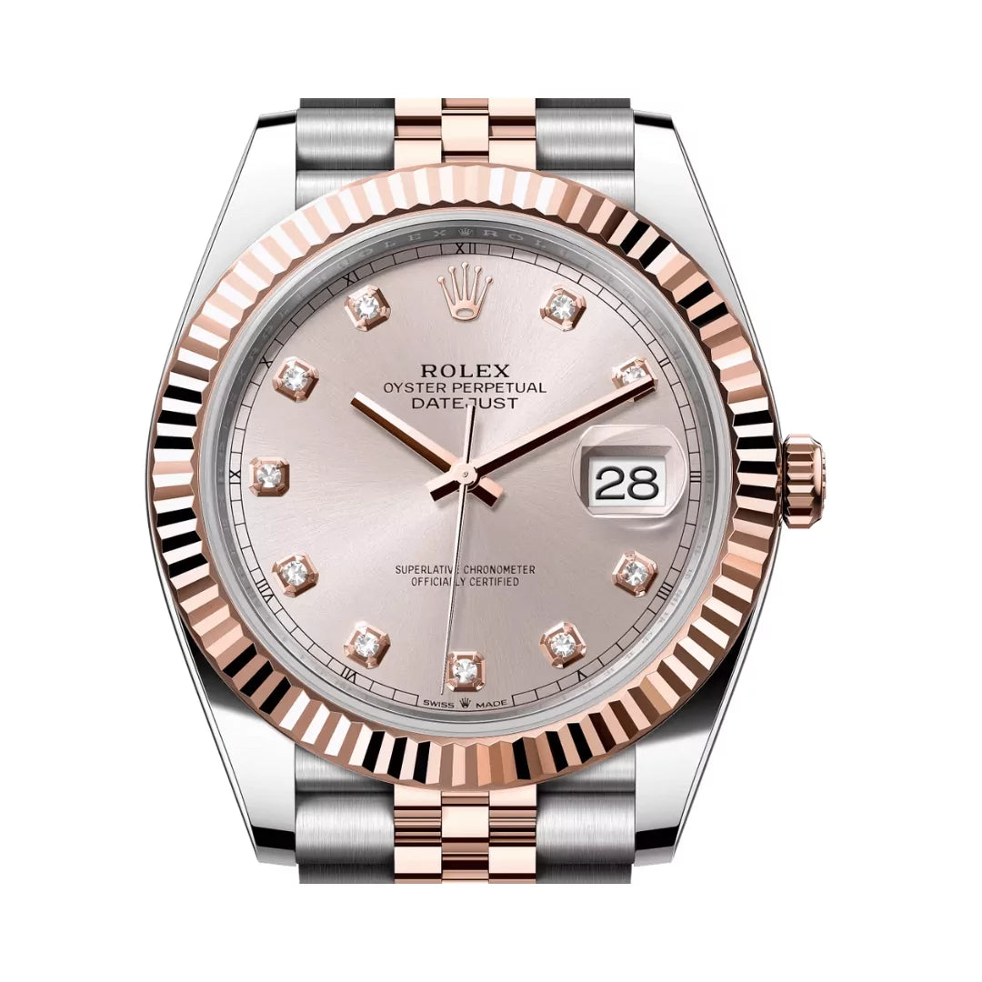 Rolex Datejust Oyster Perpetual 18K Everose Gold 41Mm Sundust Dial Diamond Markers Men’s Watch