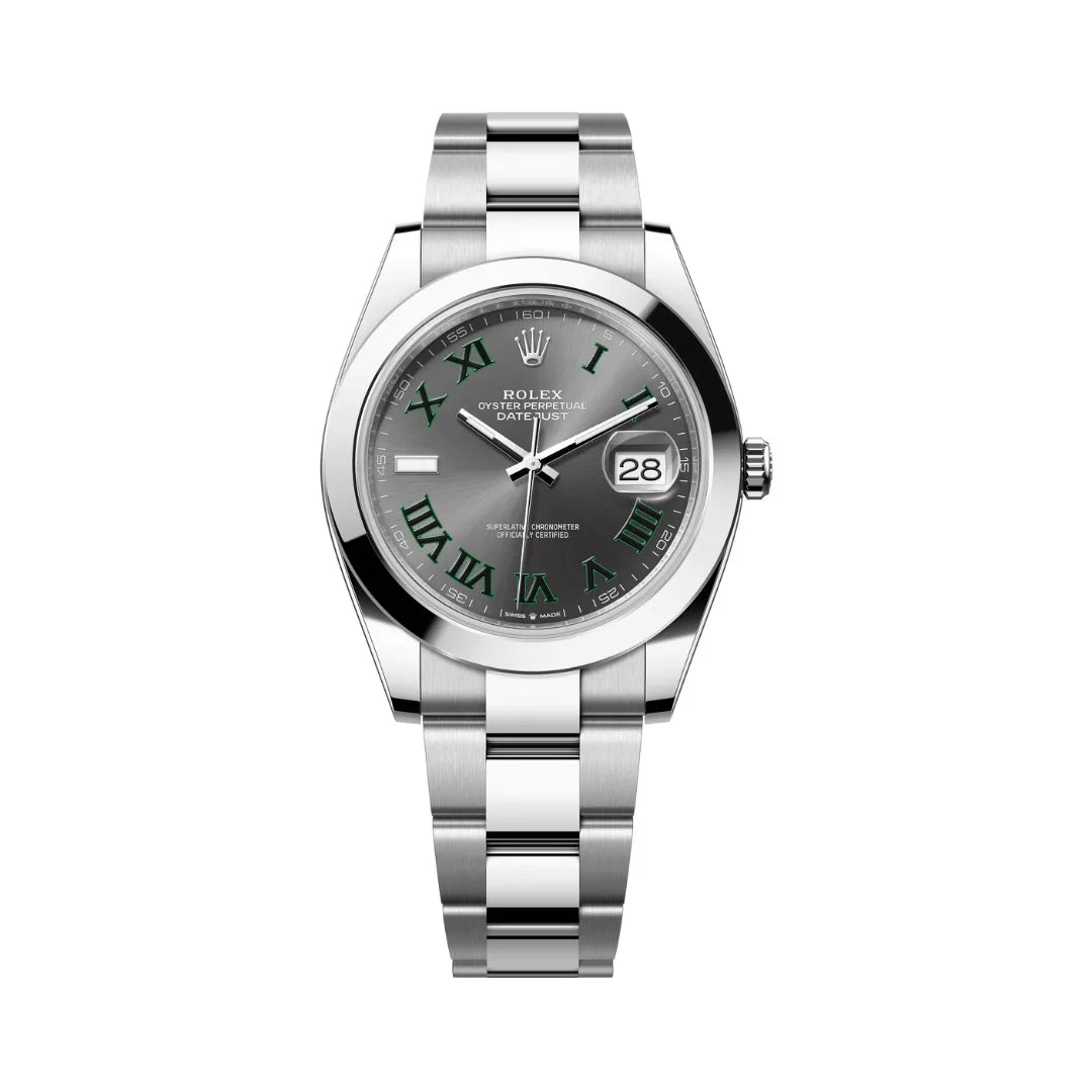 Rolex Datejust Oyster Perpetual 41mm Green Roman Numerals Grey Dial Mens Watch