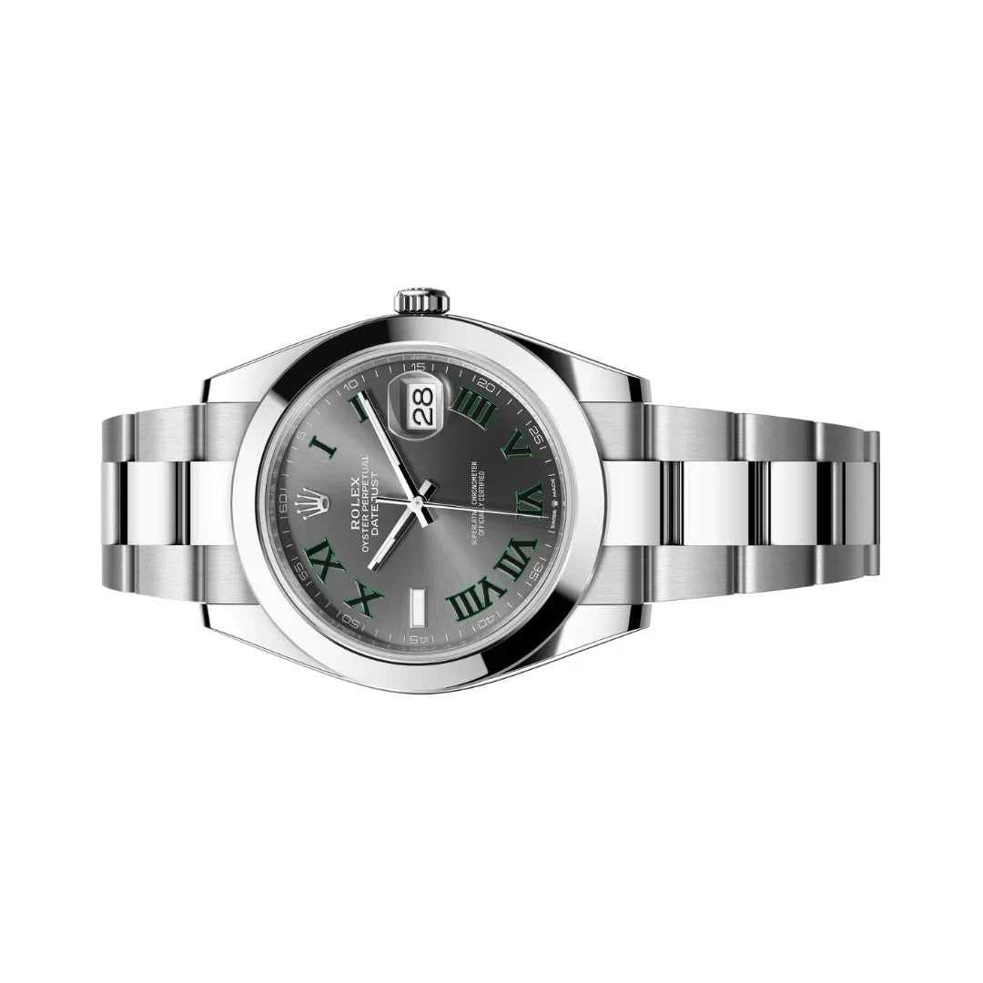 Rolex Datejust Oyster Perpetual 41mm Green Roman Numerals Grey Dial Mens Watch