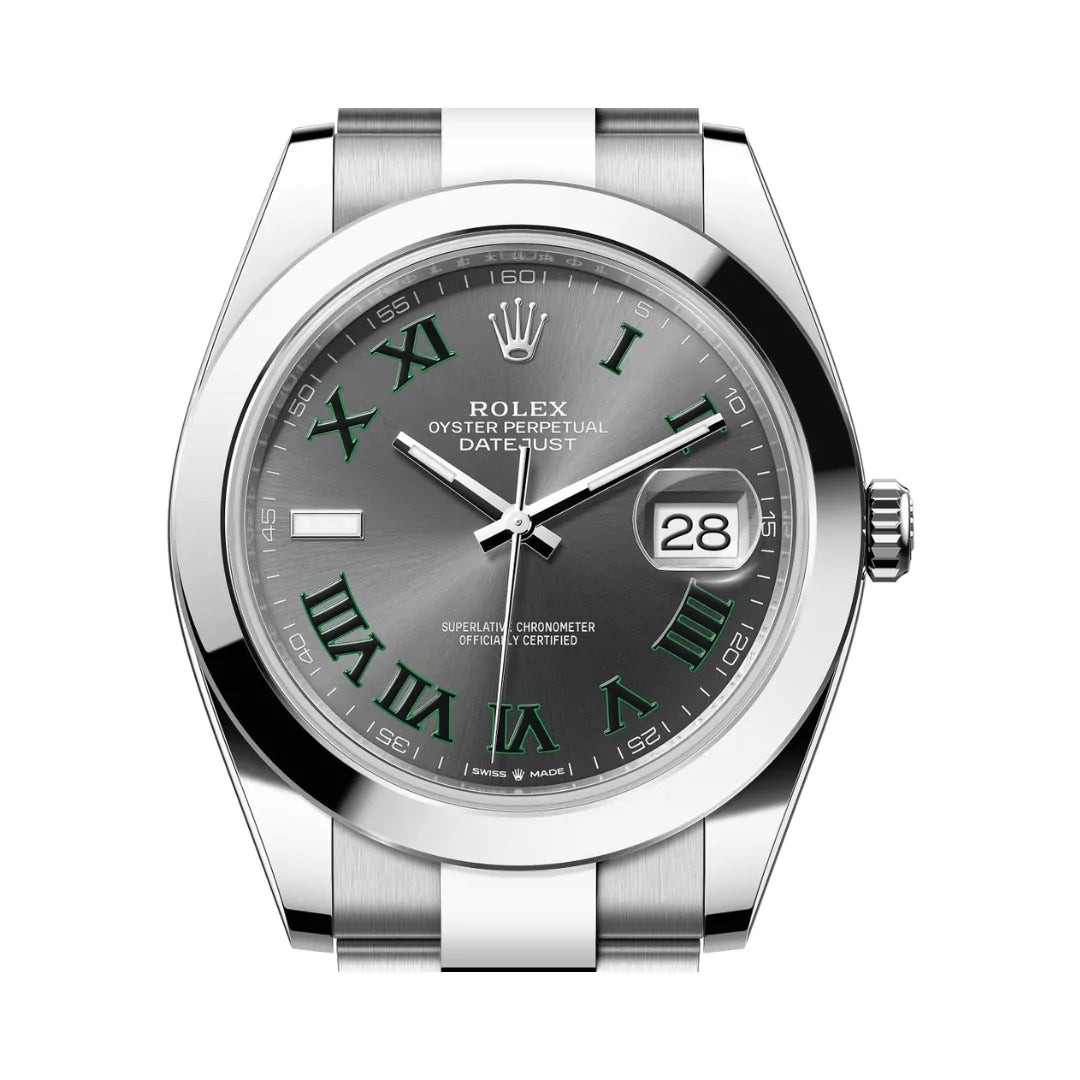 Rolex Datejust Oyster Perpetual 41mm Green Roman Numerals Grey Dial Mens Watch