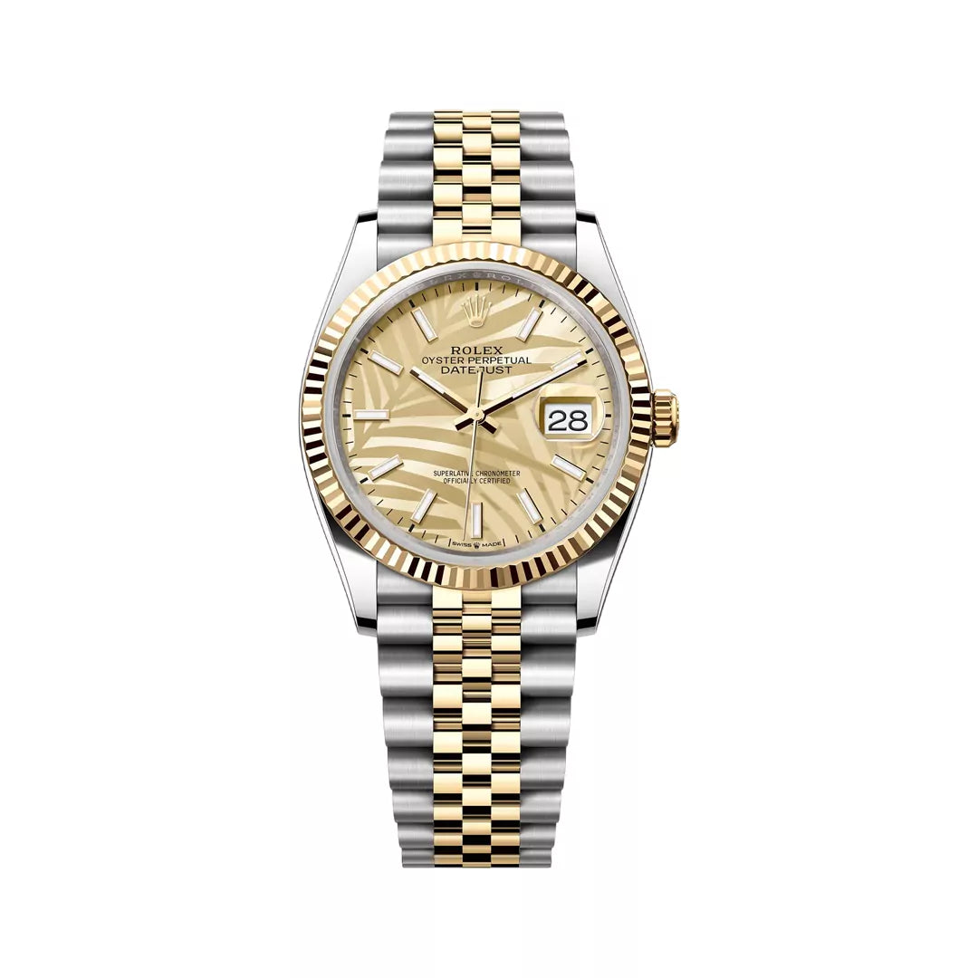 Rolex Datejust Steel & Yellow Gold 36mm Champagne Palm Motif Dial Ladies Watch