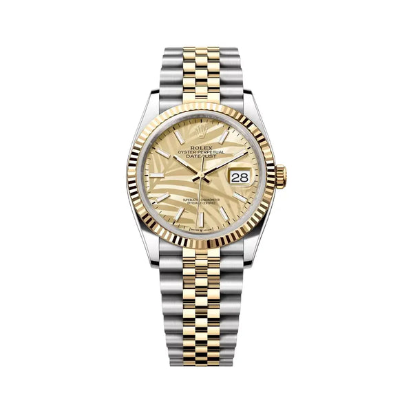 Rolex Datejust Steel & Yellow Gold 36mm Champagne Palm Motif Dial Ladies Watch