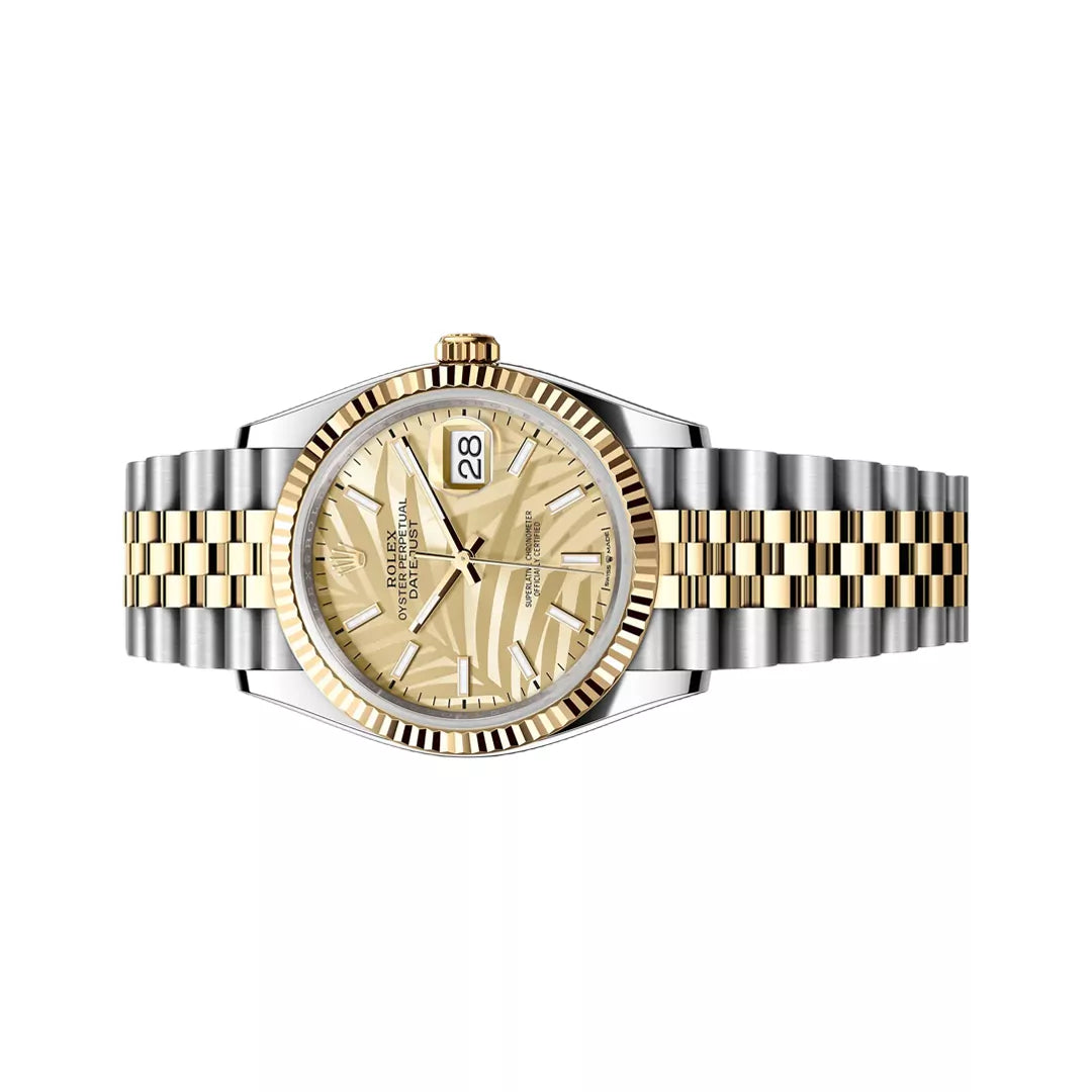 Rolex Datejust Steel & Yellow Gold 36mm Champagne Palm Motif Dial Ladies Watch